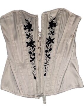 Charlotte Russe Ivory Corset Top with Black Floral Embroidery